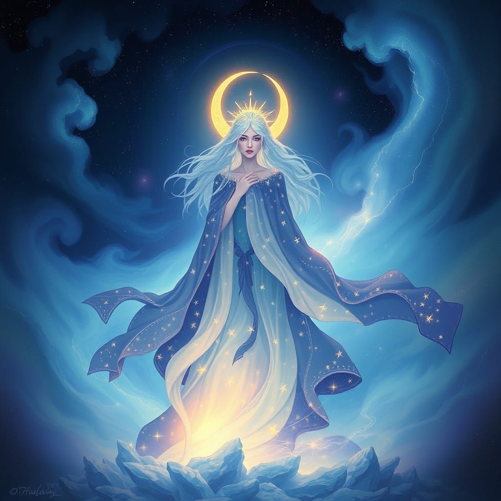 Celestial Goddess in a Starry, Dreamy Atmosphere