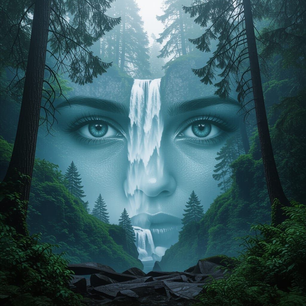 Triple Exposure Waterfall and Eyes Silhouette in Forest