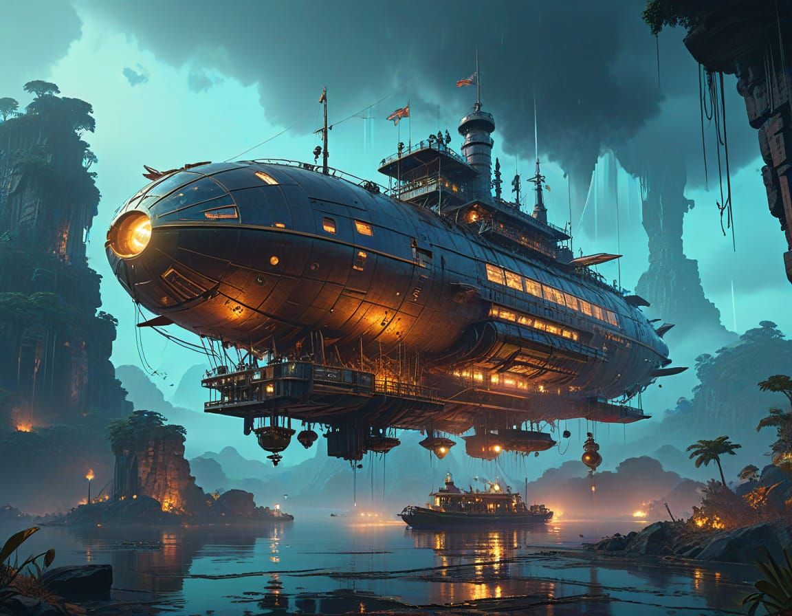 Steampunk Airship Docks at Floating Mayan Island