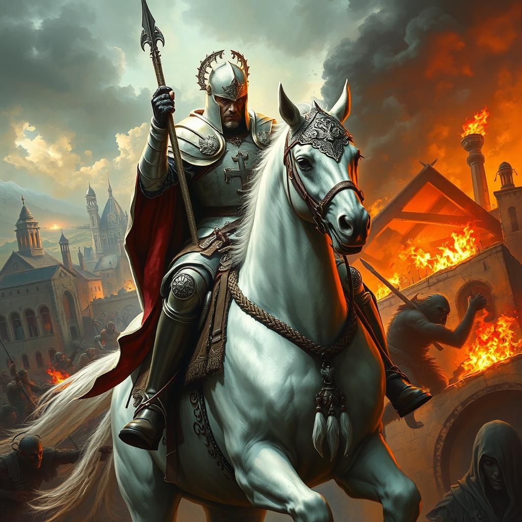 Heroic Knight Shields Child in Burning City