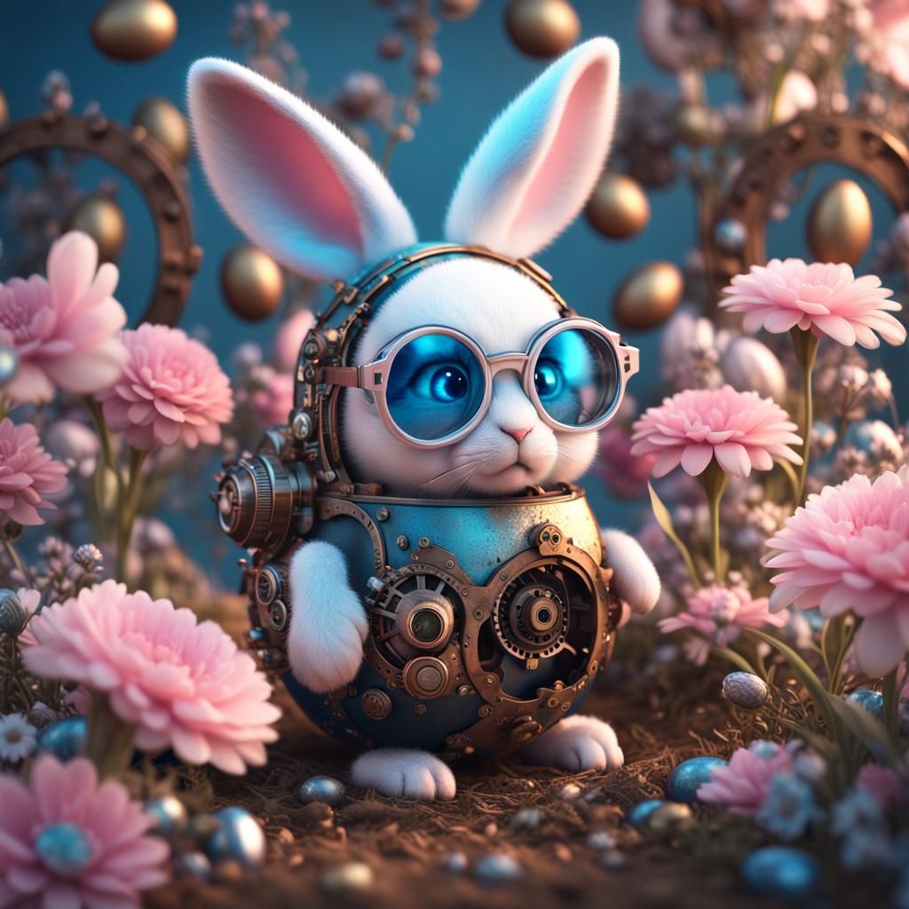Steampunk Easter Bunny Hatching, Sci-Fi 8K Render