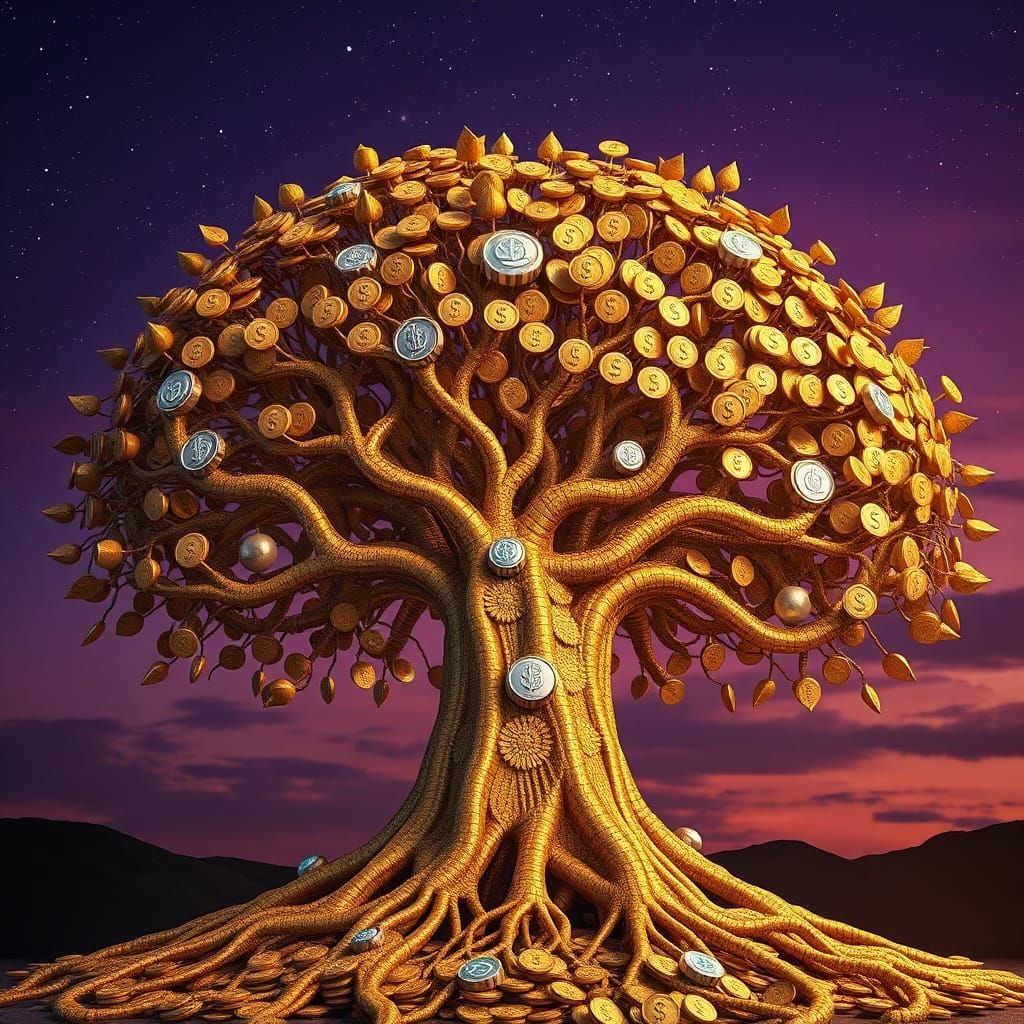 Ancient Tree of Life with Gold Coin Roots