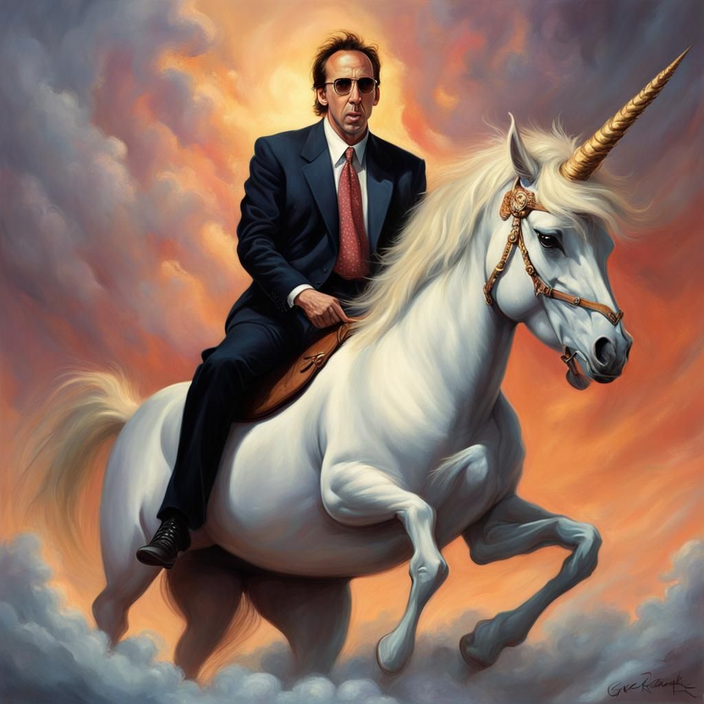 Nicolas Cage Riding a Unicorn, Sinister Art