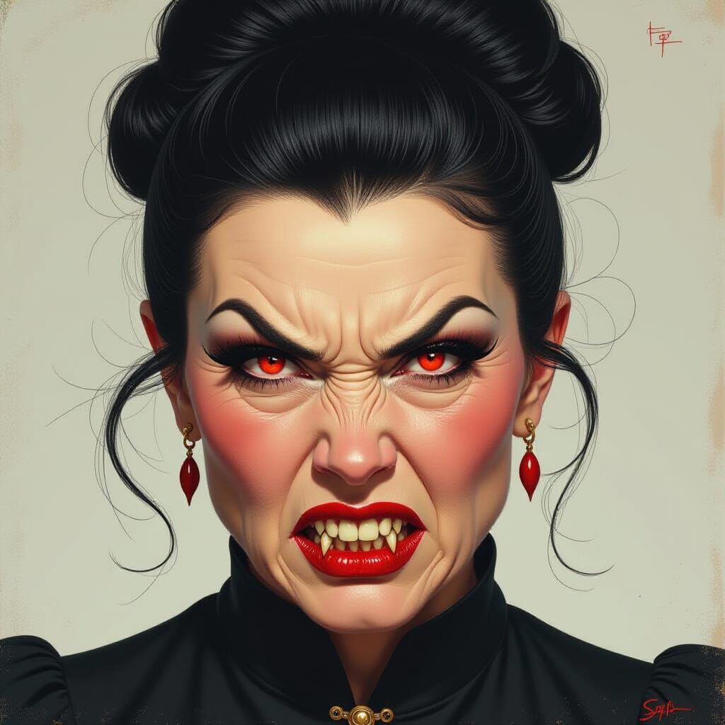 Fierce Elderly Woman with Wolf Teeth, Red Eyes