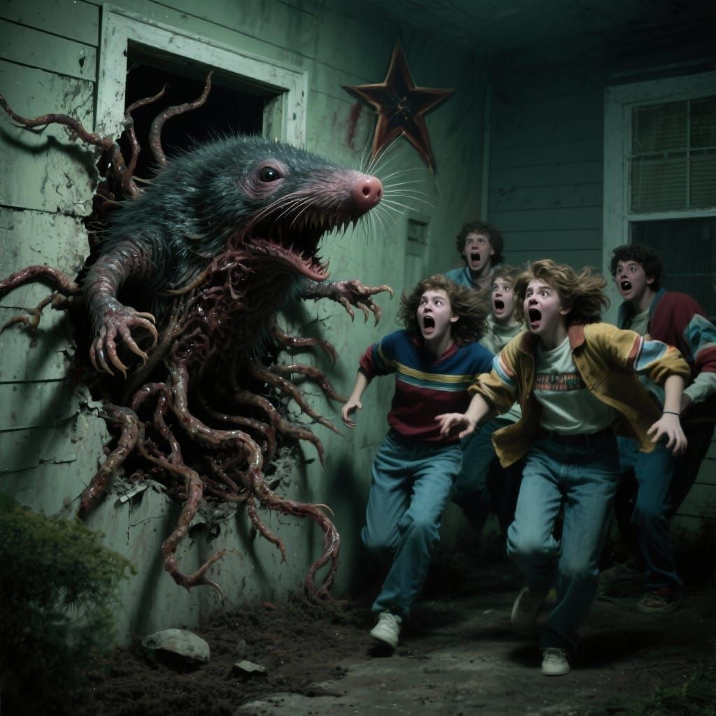 Giant Mole Monster Attacks Teens in 80s Horror Movie Scene