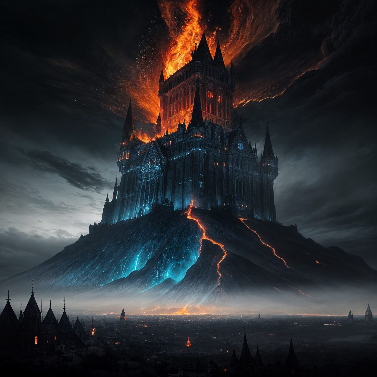 Fiery Eye Towers Over Dark Castle Amid Volcanic Ruins