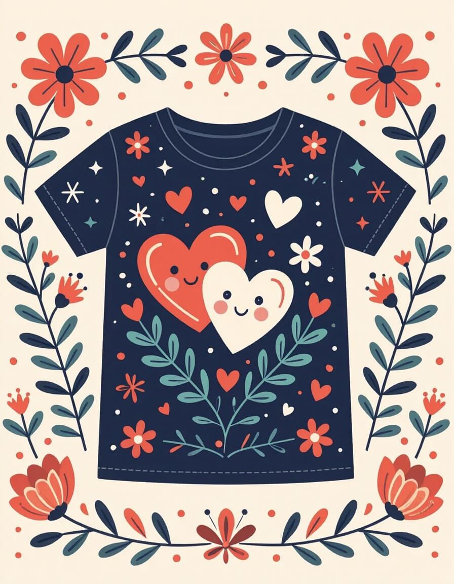 Cute Love Themed T-Shirt Design with Hearts and Flowers
