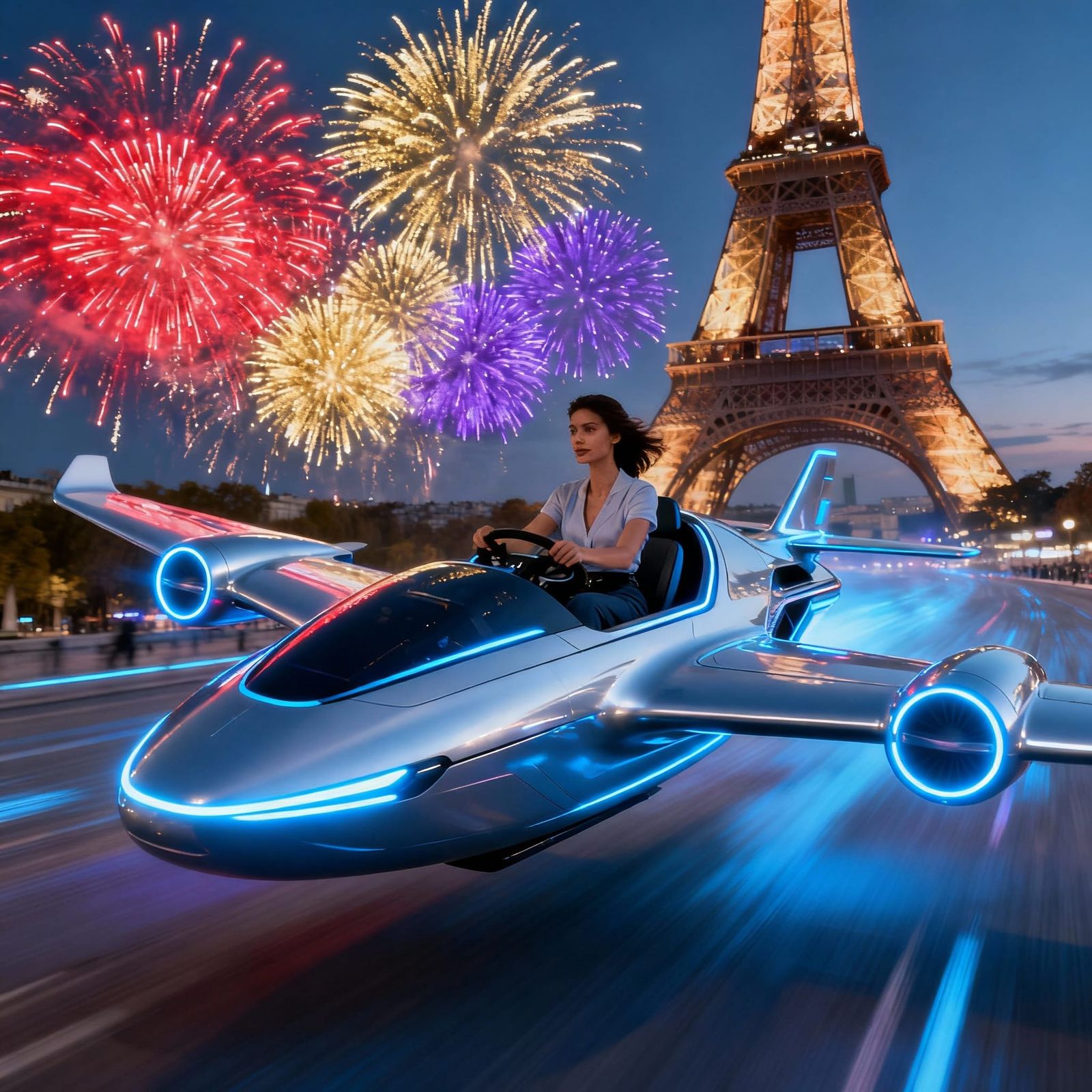 Woman pilots auto-airplane by Eiffel Tower with fireworks