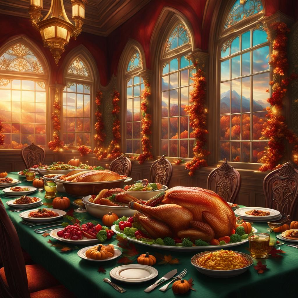 Thanksgiving Feast in Modern Dining Room: Fantasy Concept Ar...