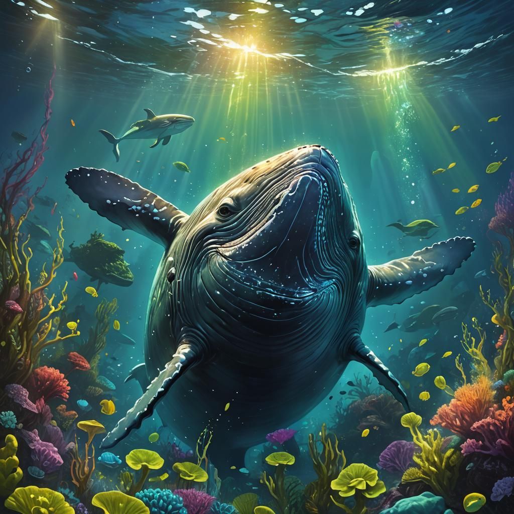Shrek Whale in a Bioluminescent Ocean