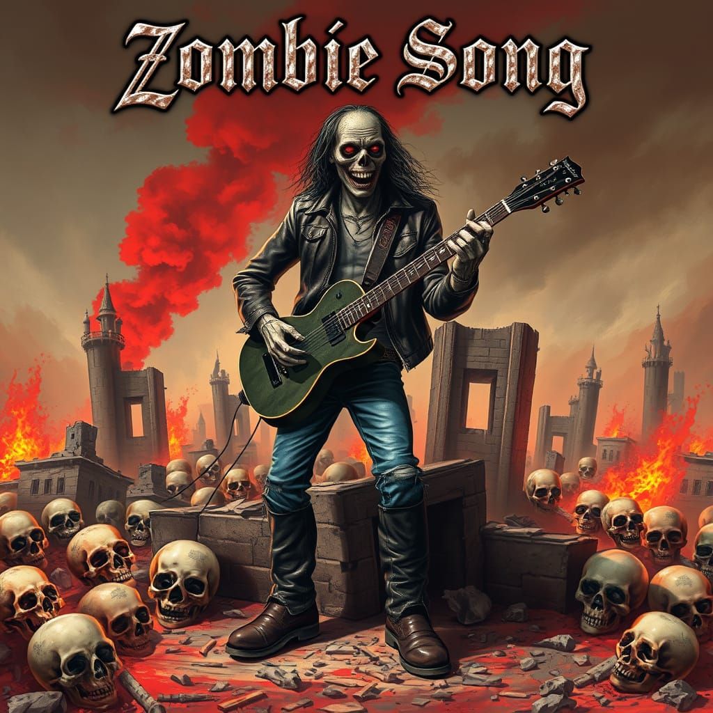 Heavy Metal Zombie Serenades with Guitar Amidst Ruins