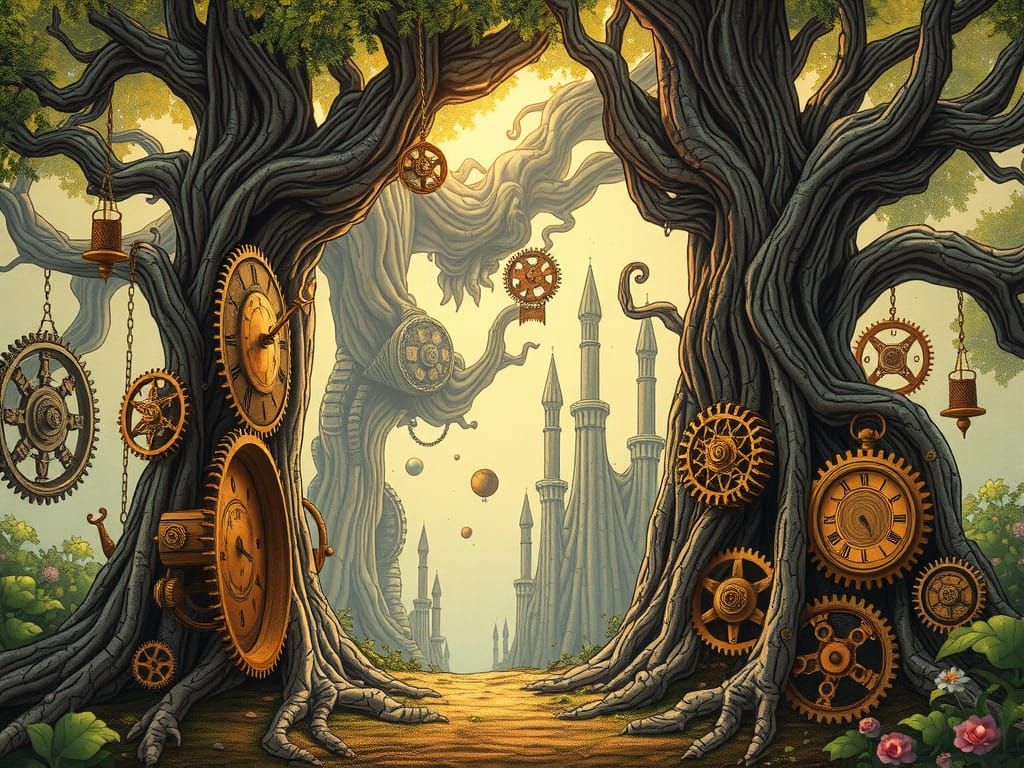 A serene nature scene where ancient, gnarled trees stand tal...