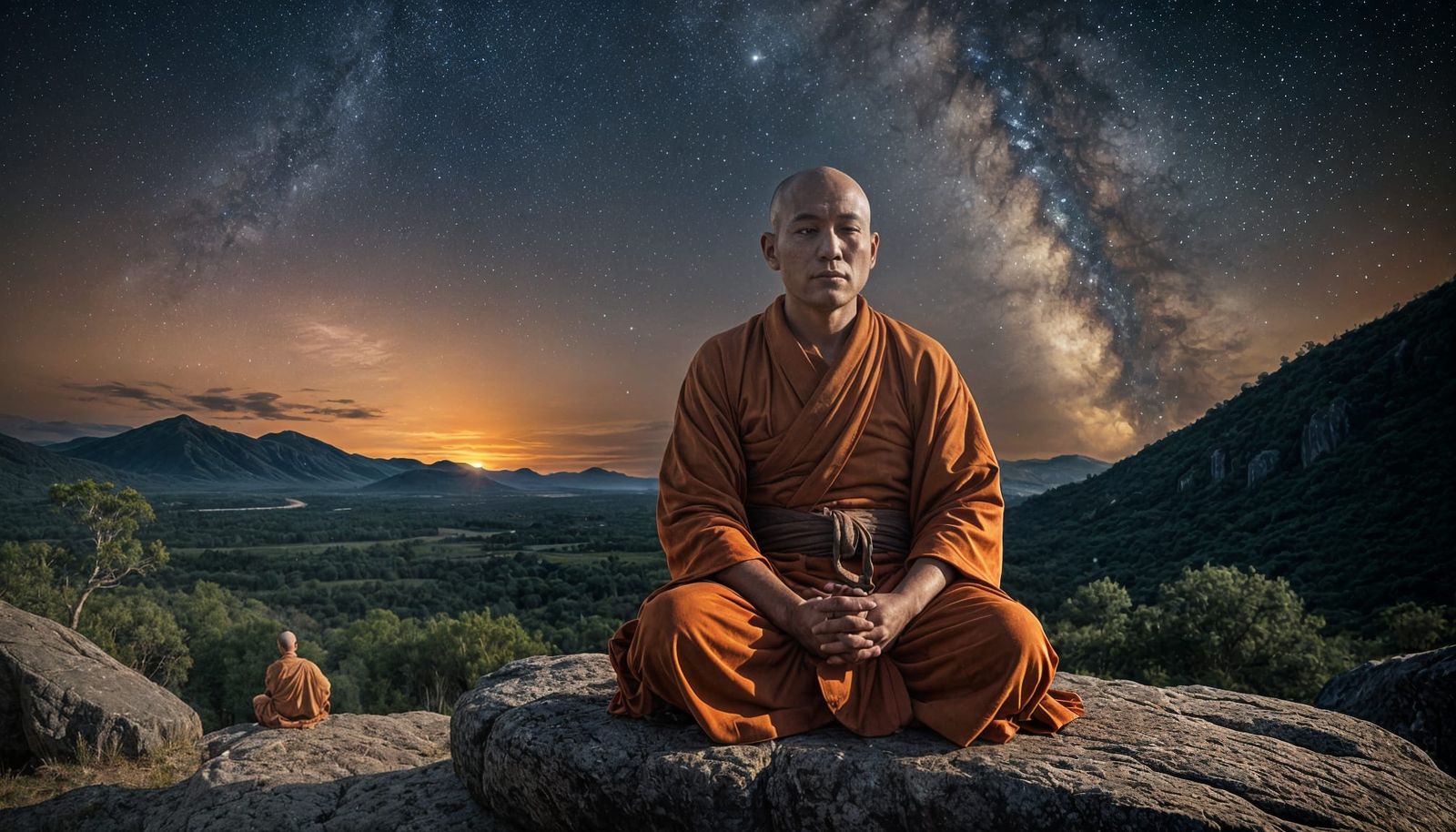 Meditative Buddhist Monk in Cosmic Landscape