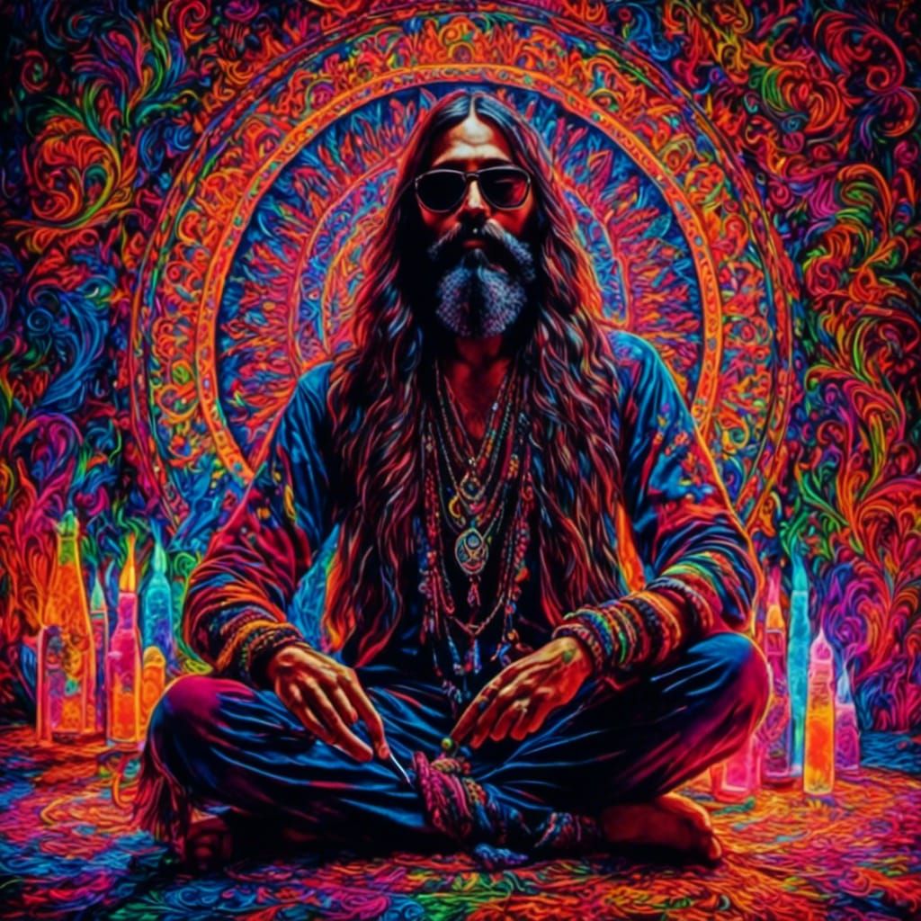 Hippie Smoking Bong under Neon Poster