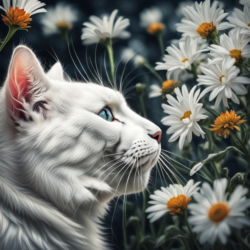 Hyperrealistic White Cat Sniffing White Flower