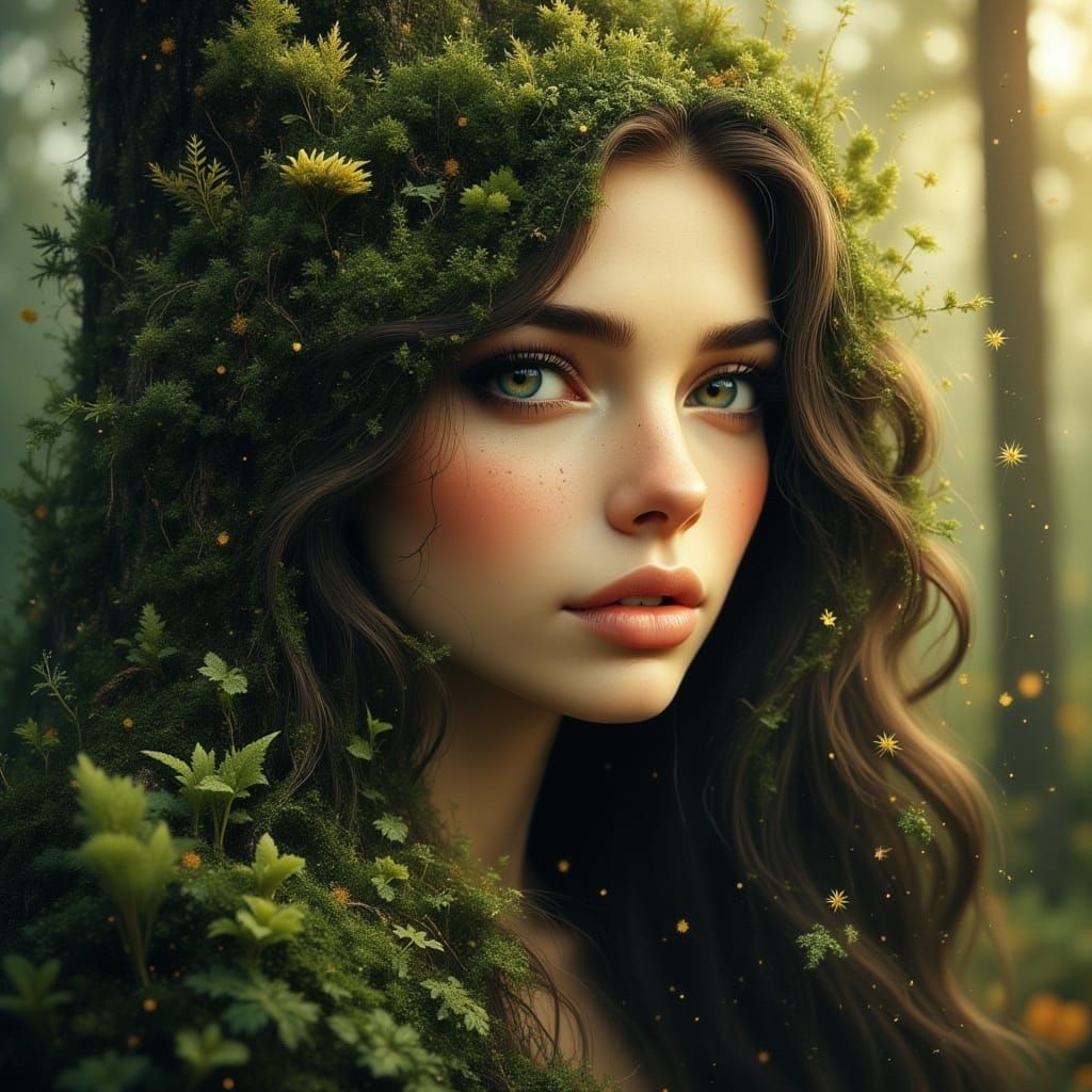 Ethereal Woman Portrait with Moss and Fern Hair