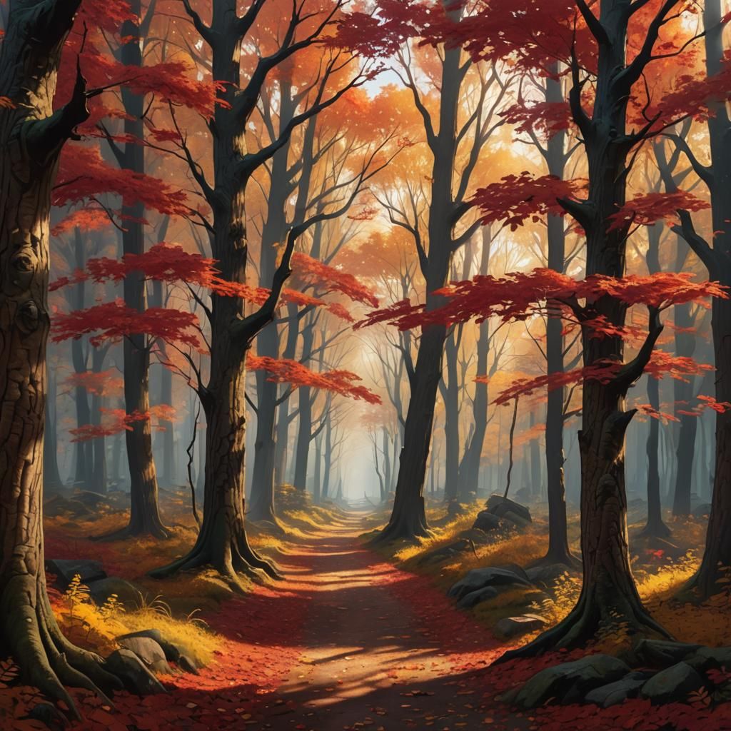 Autumn Forest Path in Detailed Matte Painting Style