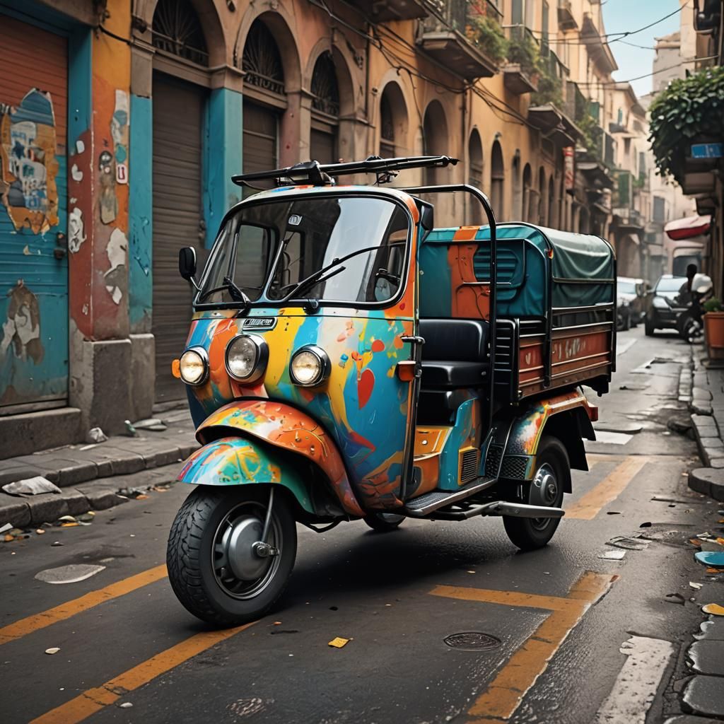 Hyperrealistic Piaggio Ape Splash Art Concept
