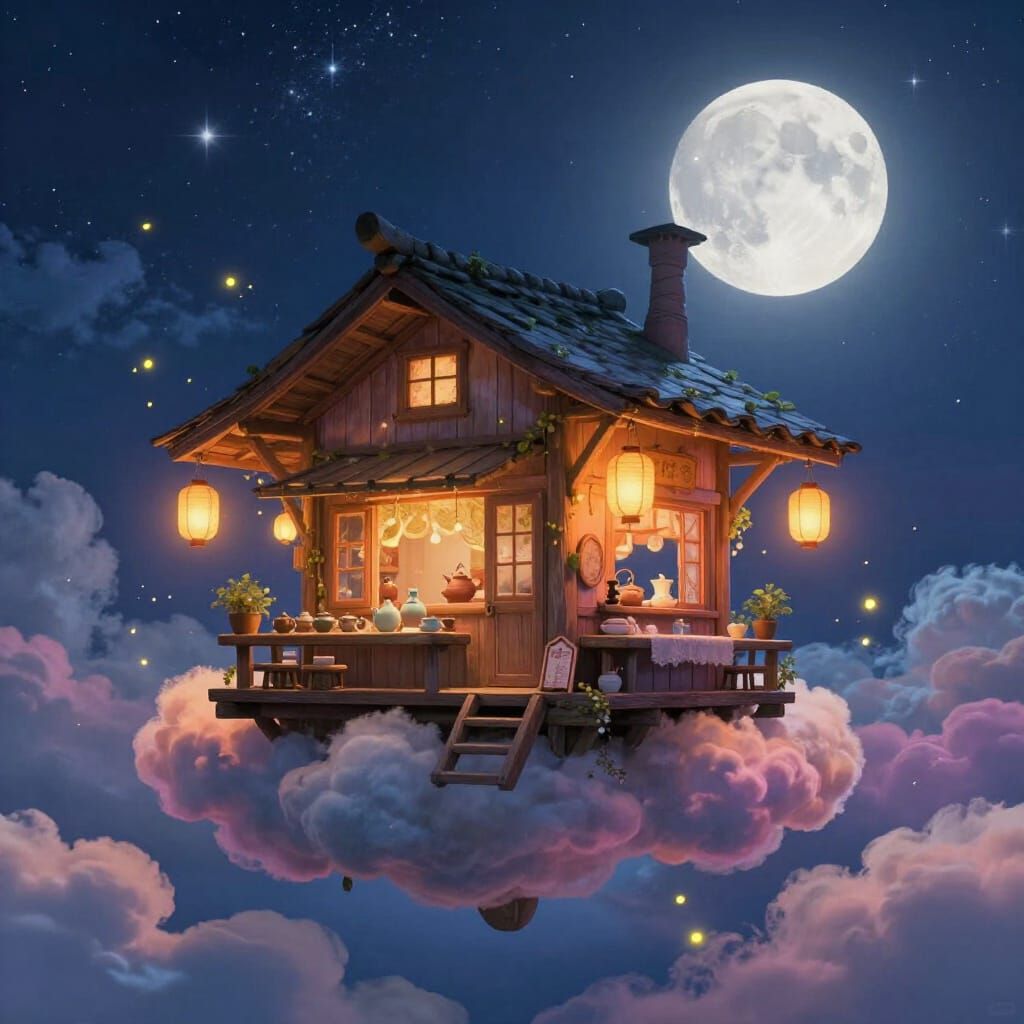 Floating Cloud Cafe Under Starry Night Sky