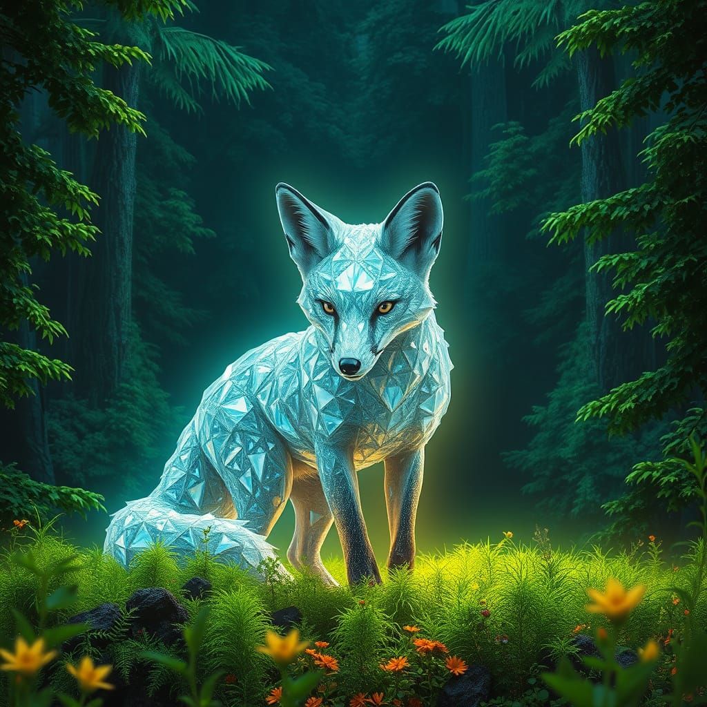 Diamond Fox in Psychedelic Forest, Hyperrealistic Style