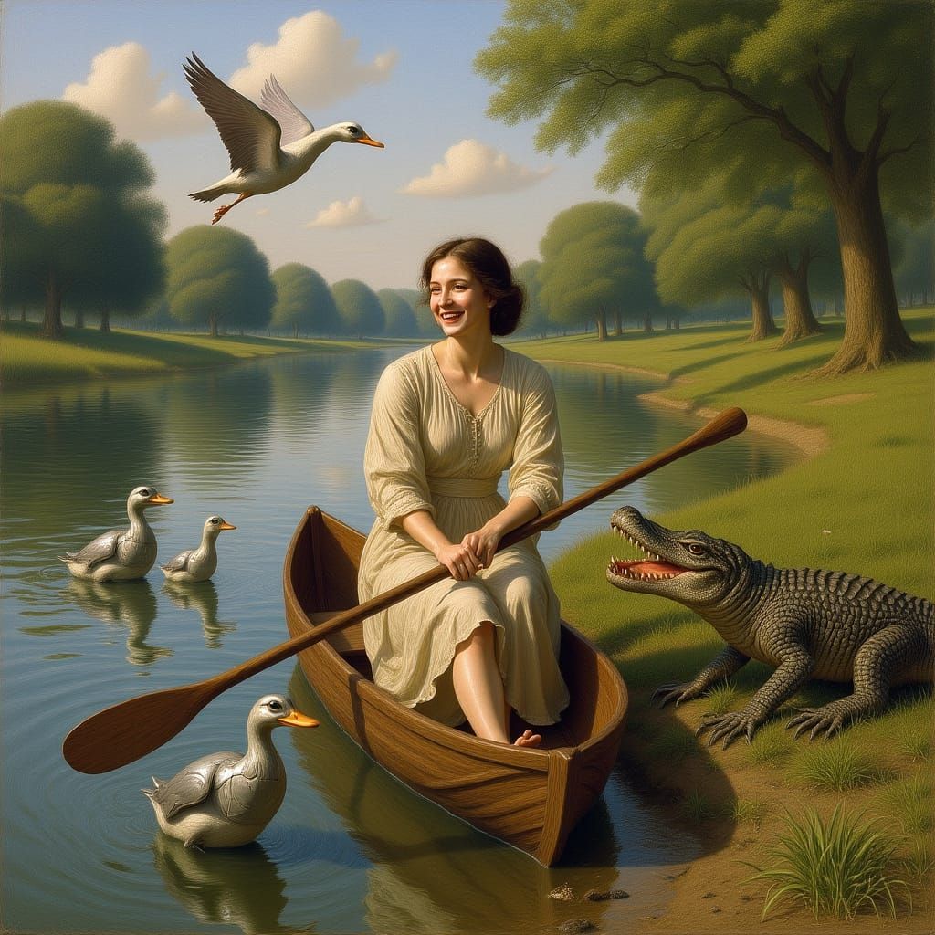Woman Rows Boat With Cyborg Ducks, Mechanical Bird Flies By
