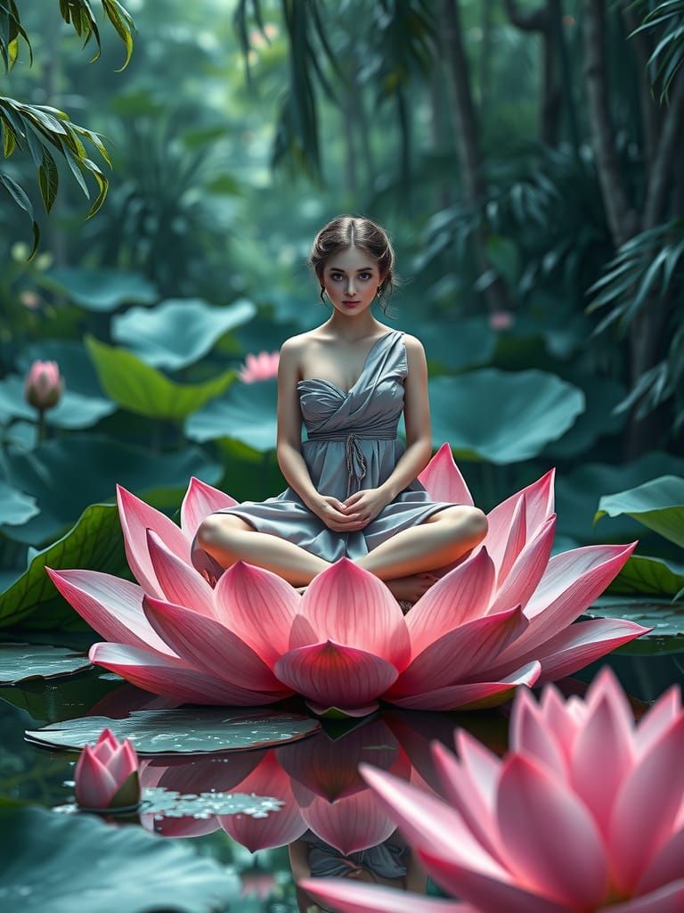 Exotic Jungle Goddess Amidst Vibrant Lotus Blooms