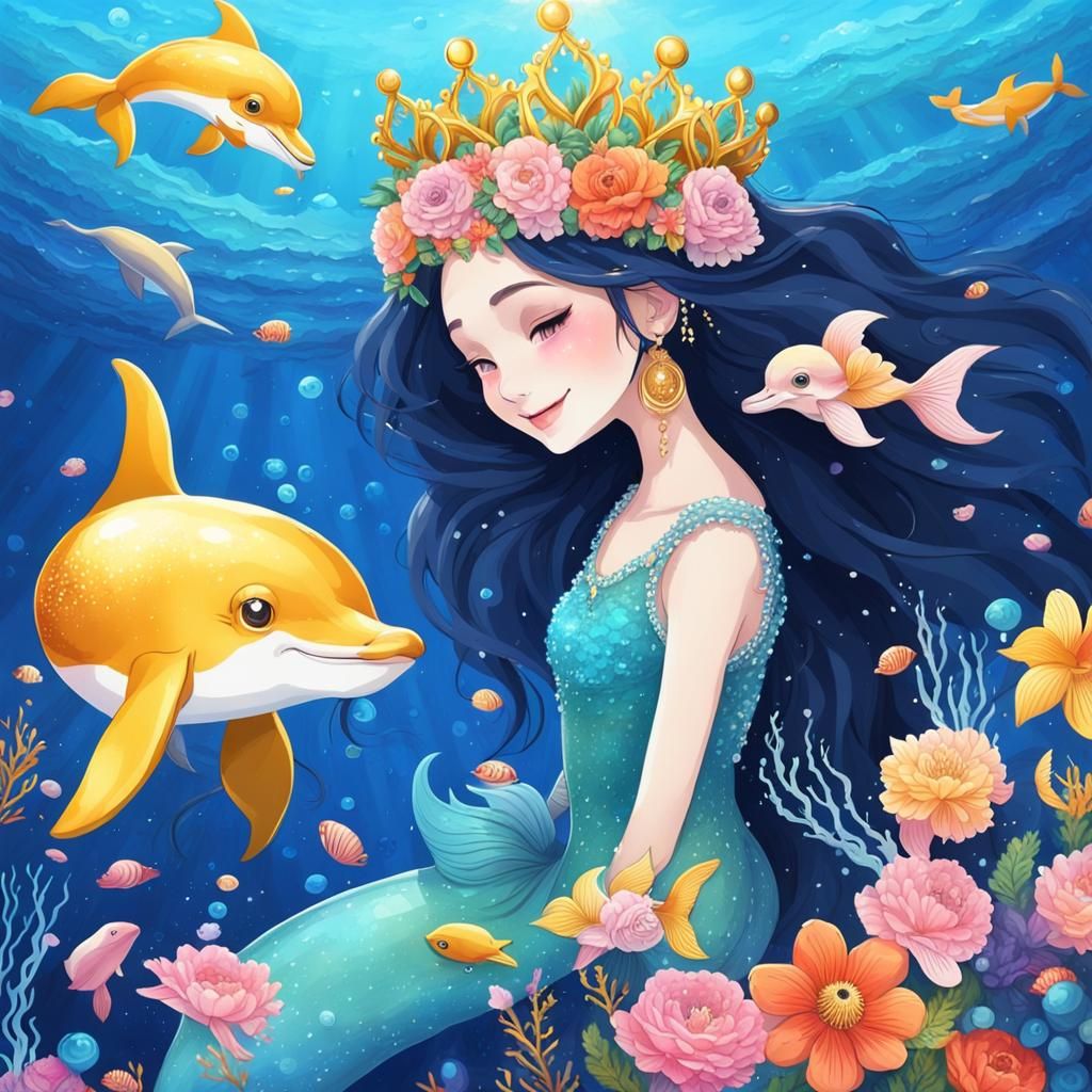 Mermaid's Underwater Dance with Dolphins in Fantasy Art Styl...