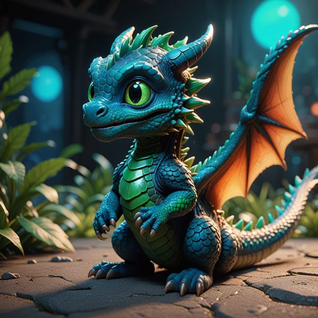 Vibrant Baby Dragon in Close-Up, Pixar-Inspired 3D Animation