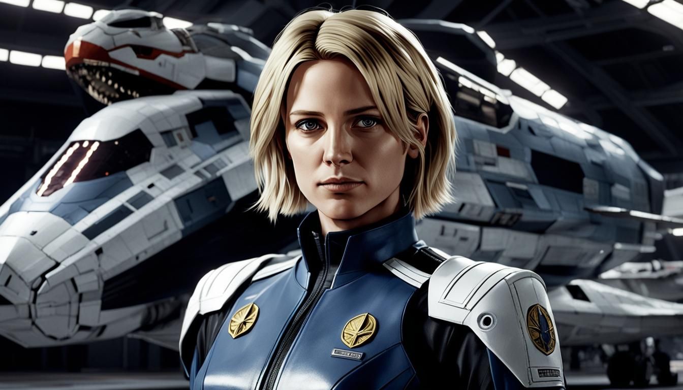 Kara Thrace Poses in Hangar: Cel-Shaded Anime Art