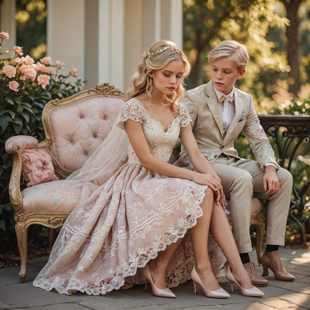 Blonde Boy in Southern Belle Dress Sits on Girl's Legs in Hi...