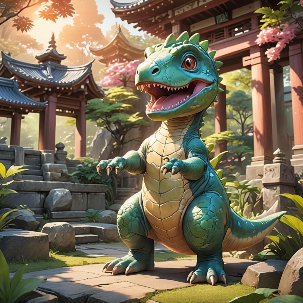 Baby Dinosaur in Temple Garden: Anime Concept Art