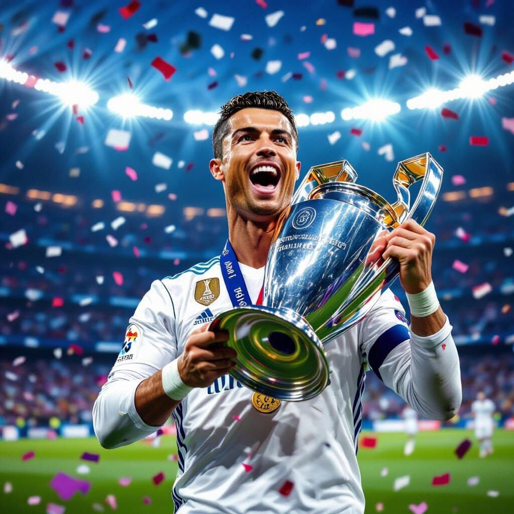 Cristiano Ronaldo Celebrates with Champions League Trophy