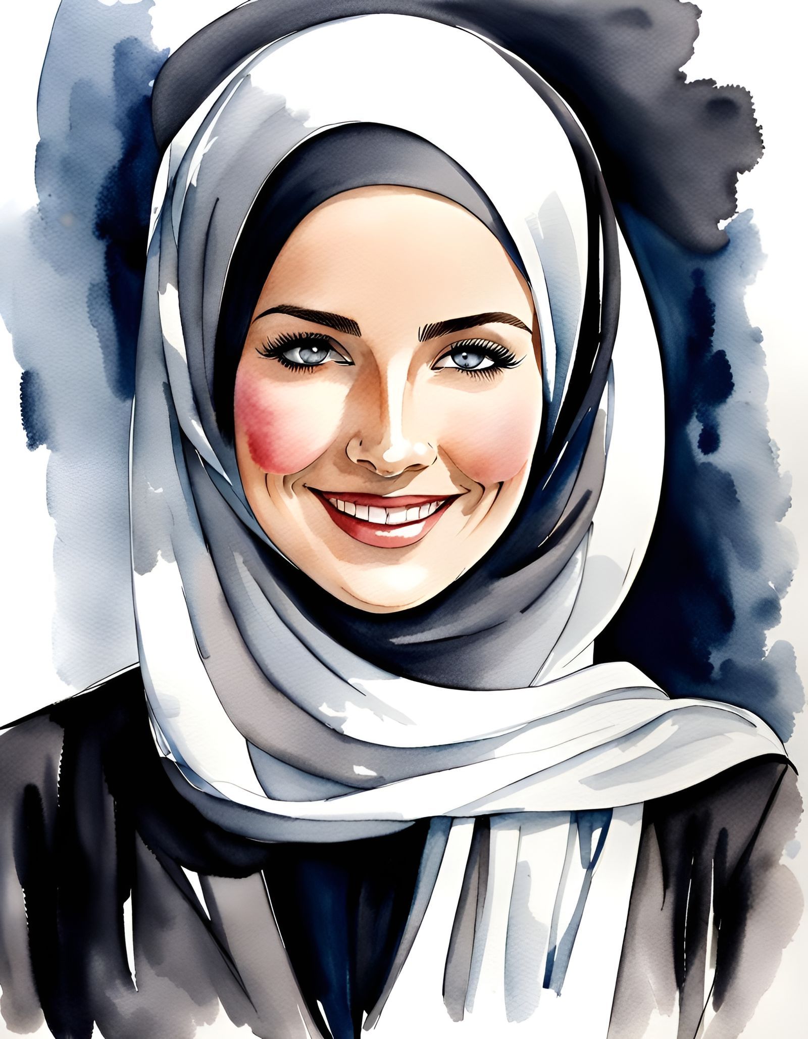 Elegant Hijab Woman Portrait in Watercolor and Ink