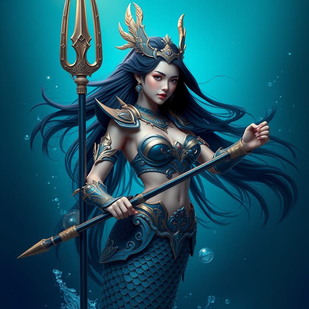 Khmer Mermaid Warrior in Cyberpunk Fantasy Armor