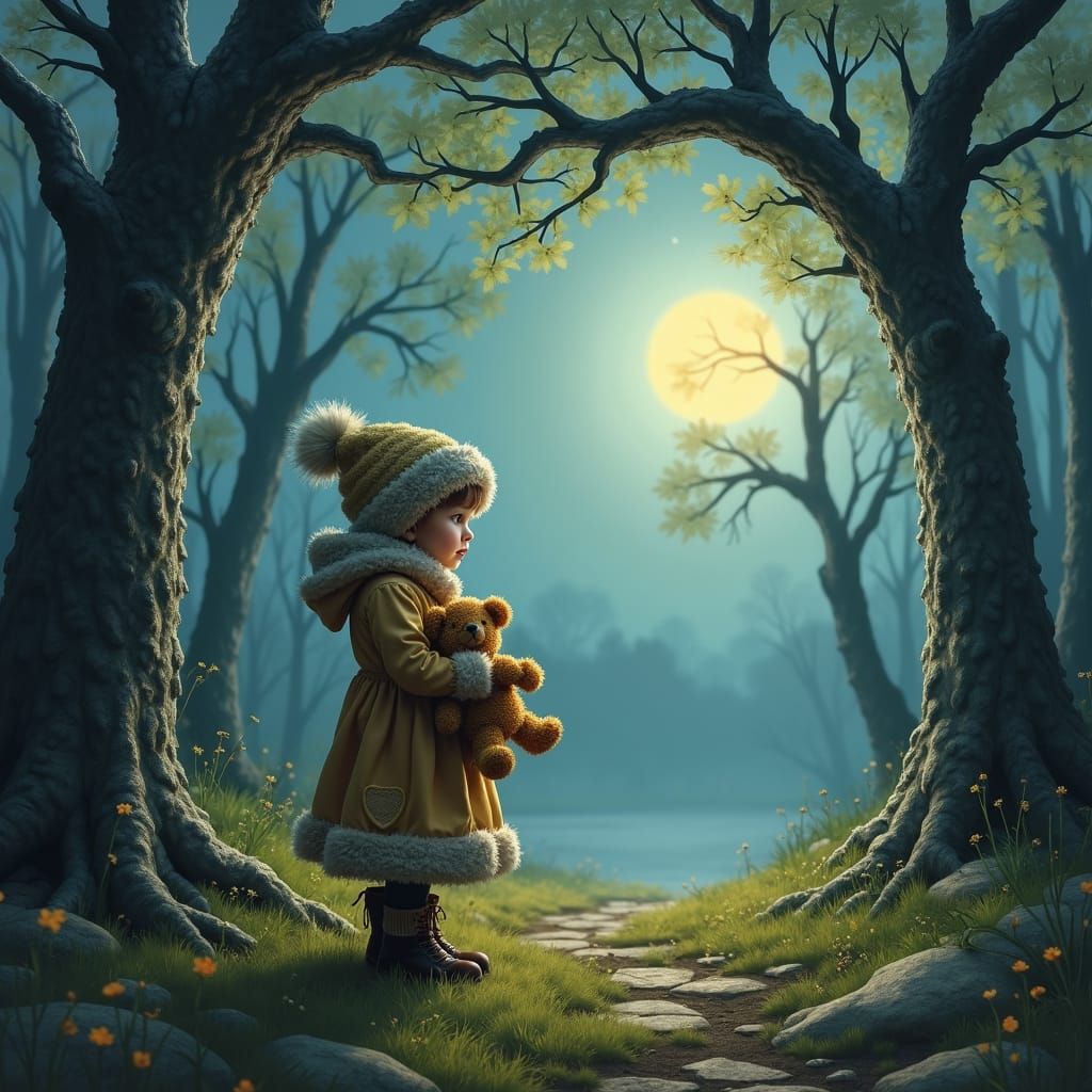 Girl with Teddy Bear in Mystical Forest