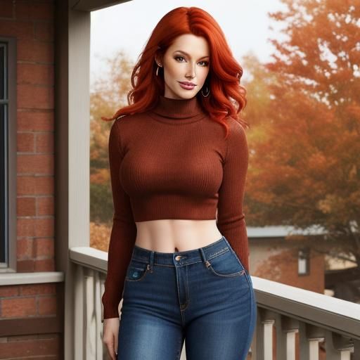 Attractive Woman with Red Hair on Front Porch