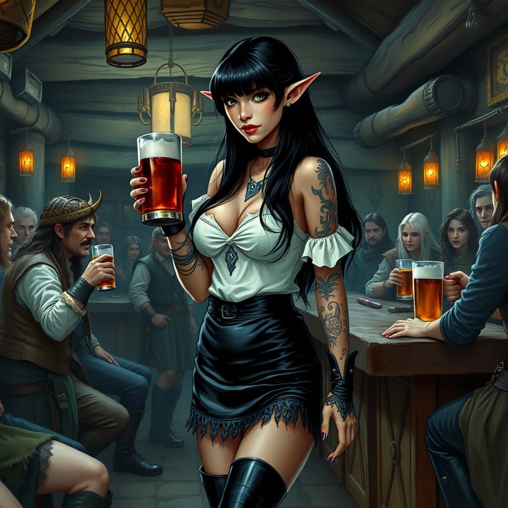 Goth Elf Barmaid in Rustic Tavern Scene
