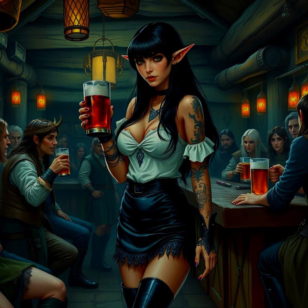 Goth Elf Barmaid Serving Drinks in a Tavern