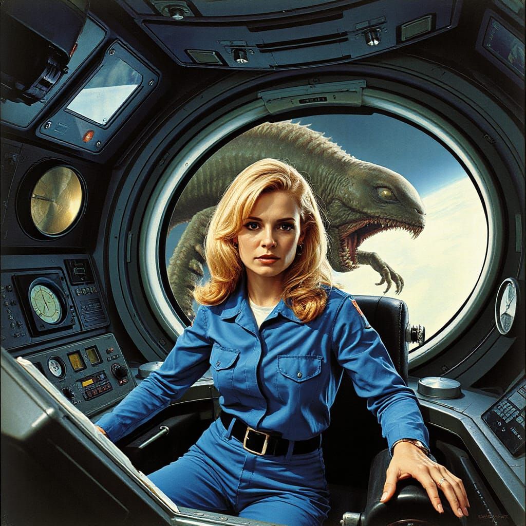 Frazzled Woman in Rocket Control Room with Alien