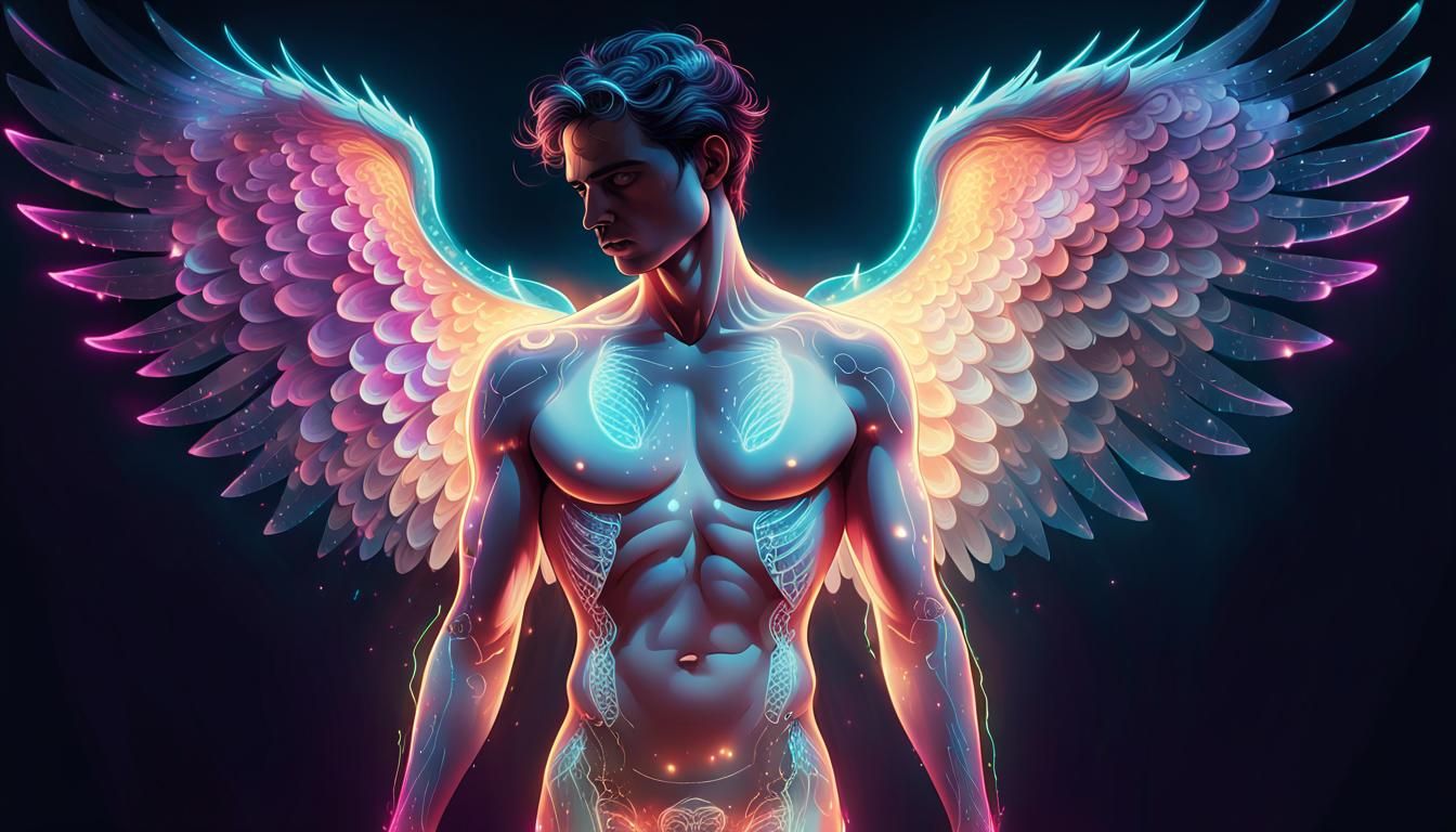 Translucent Angel in Cyberpunk Style with Neon Lighting