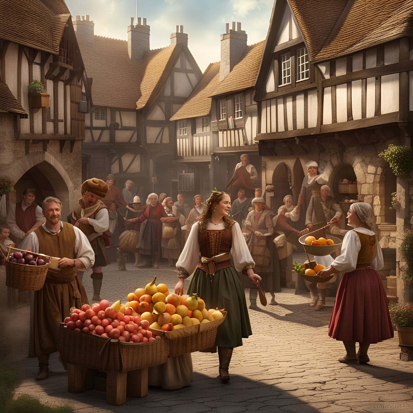 Medieval Scottish Village Scene with Knights