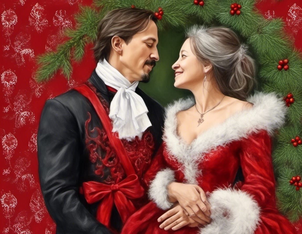 Christmas Kiss: Rococo-Punk Gouache Masterpiece