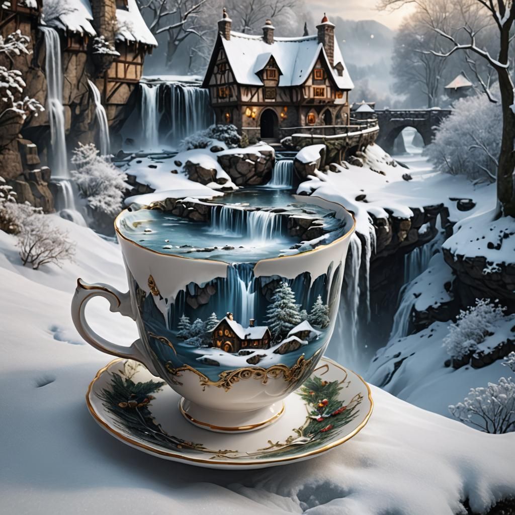 Winter Village Inside a Teacup: Medieval Fantasy Scene