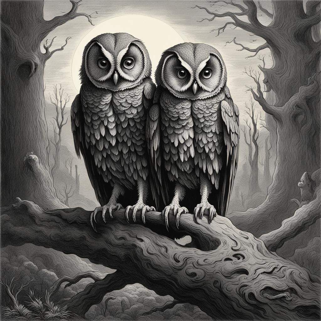 Two-Headed Owl in Gothic Horror Style