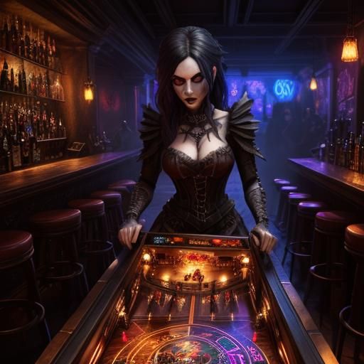 Gothic Girl Plays Pinball in Dark Bar
