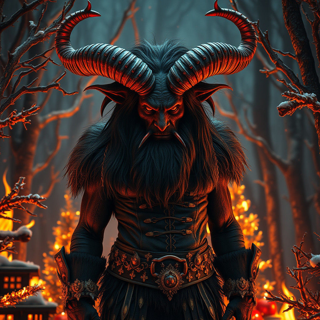 A striking and hyper-muscular beefcake, hyperrealistic, hyper-detailed version of Krampus. Krampus has long, stringy dar...