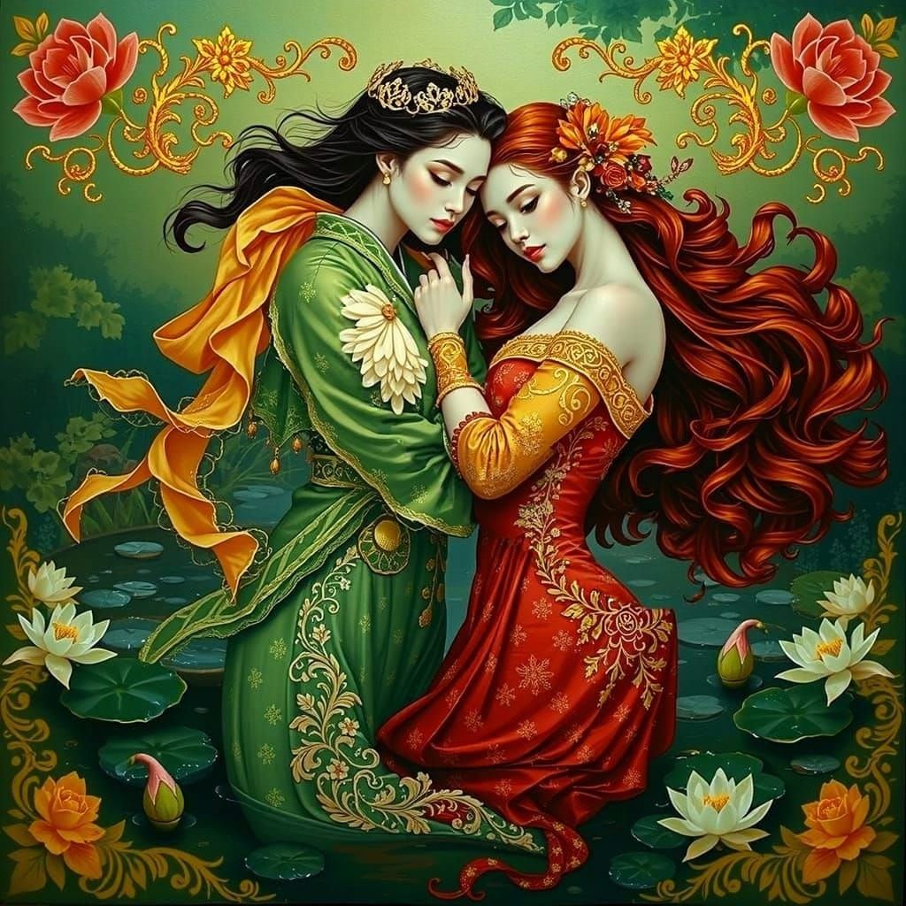 Embracing Figures in Ornate Floral Attire