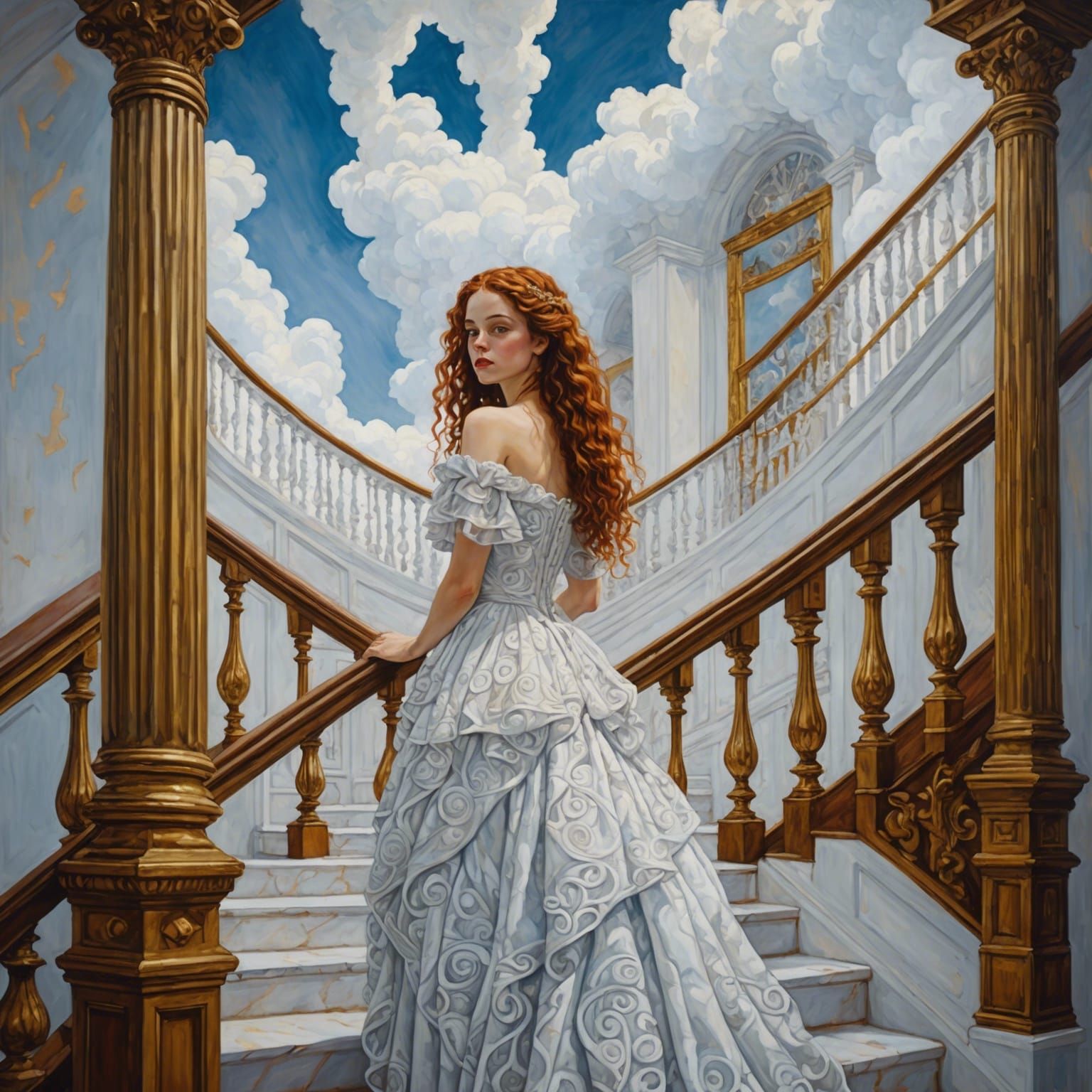 Ethereal Girl on Cloud Staircase: Klimt-Inspired Fantasy Art