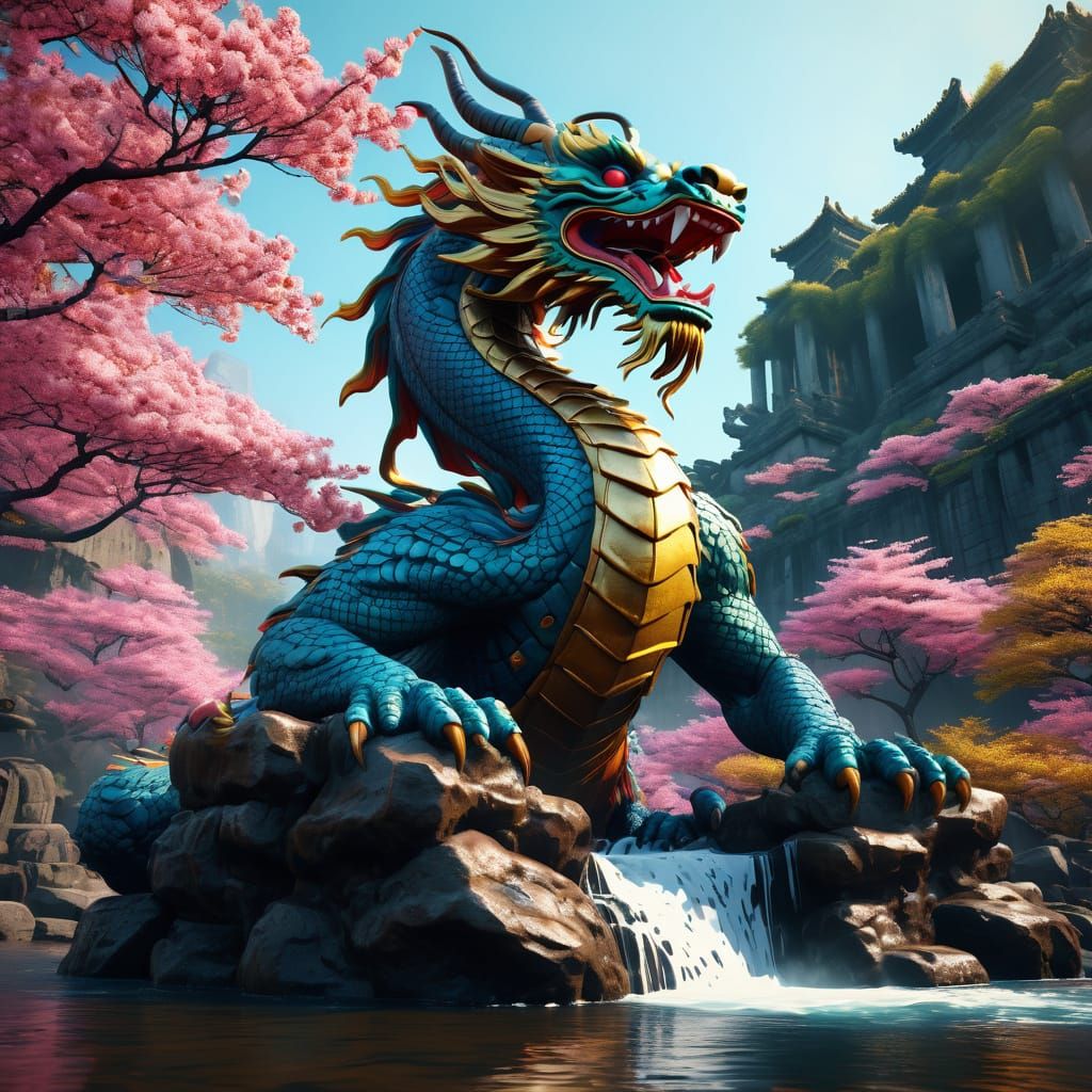 Vibrant Japanese Dragon in Neon-Lit Waterfall Wonderland