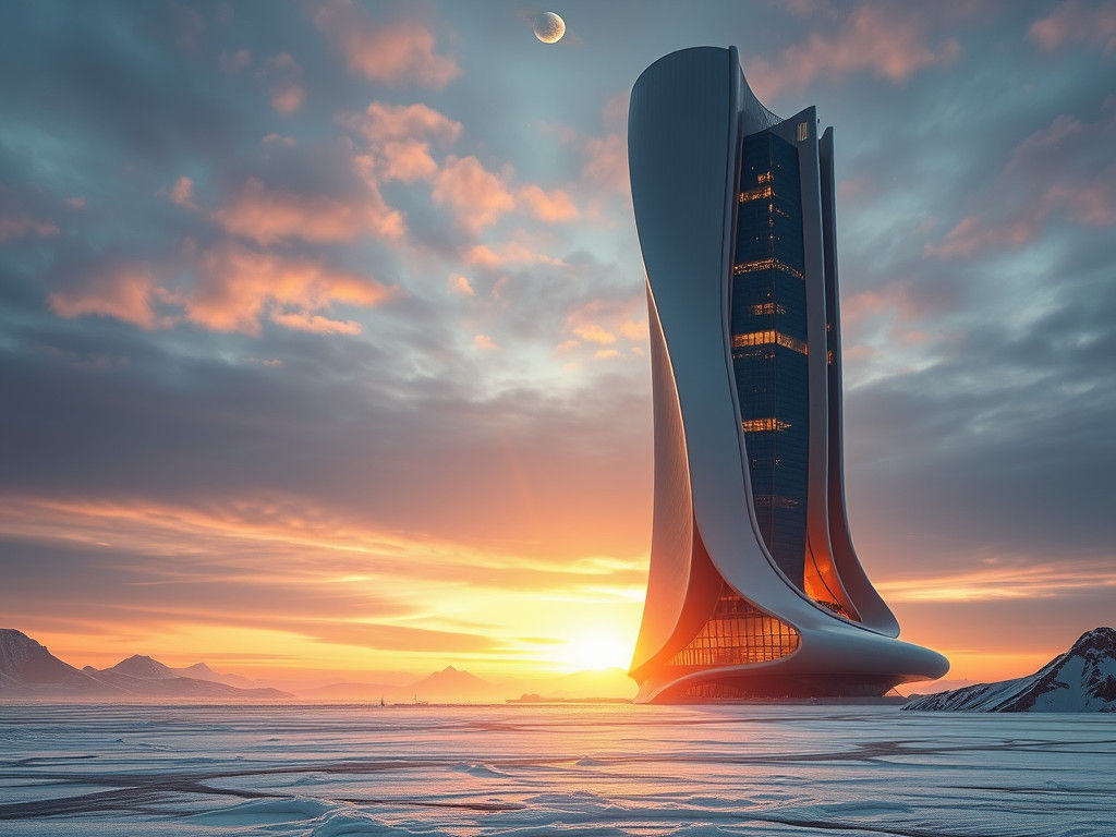 Neo-Futuristic Skyscraper on Frozen Planet